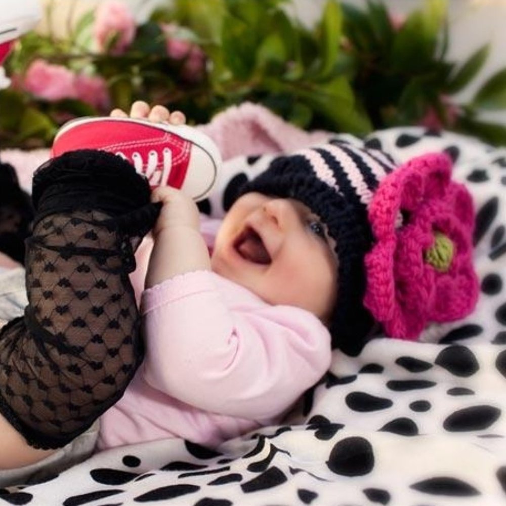 Childs Fashion Knit Beanie With Big Fuchia Flower
